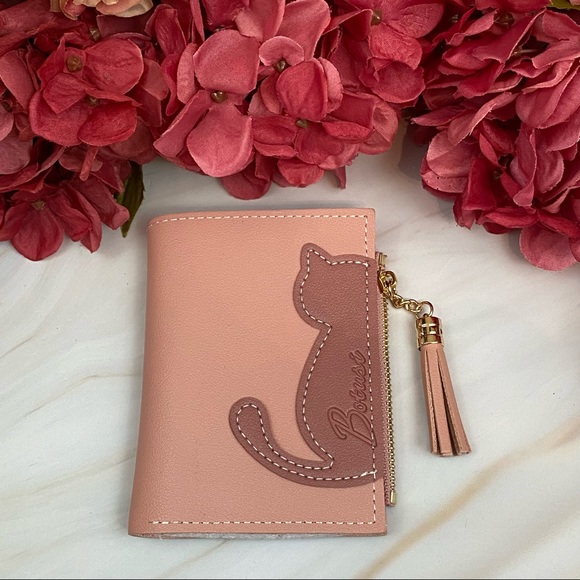 Vegan Leather Two Tone Pink Cat Wallet with Tassel - Picture 3 of 14